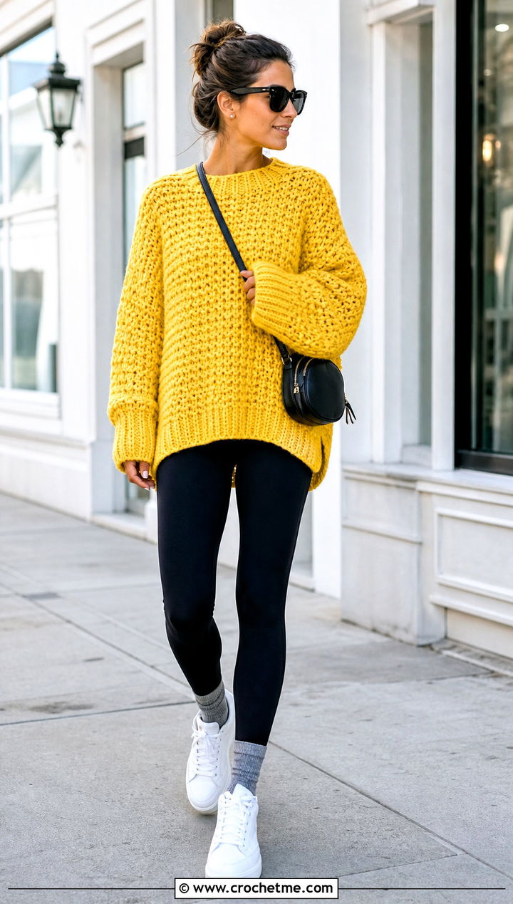 Oversized Chunky Crochet Pullover With Leggings - 30 Easy Crochet Pullover outfit ideas