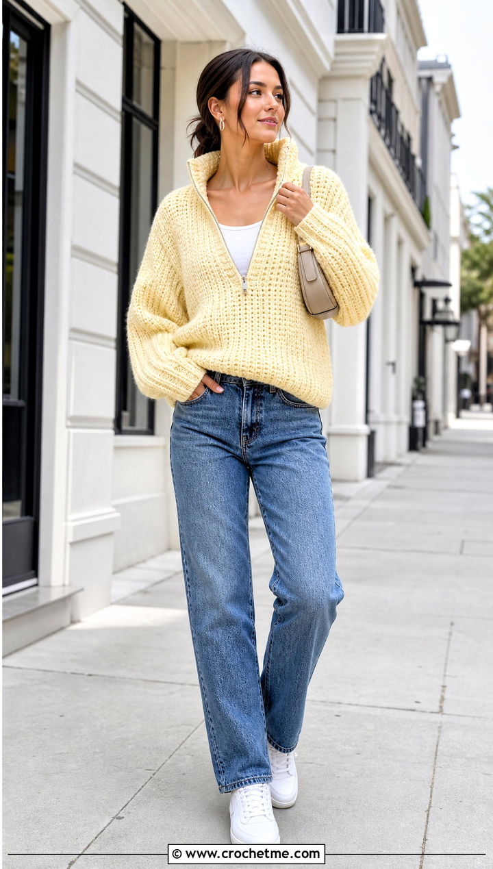 Oversized Chunky Crochet Quarter Zip Sweater With Straight Leg Jeans - 20 crochet quarter zip sweater outfit ideas