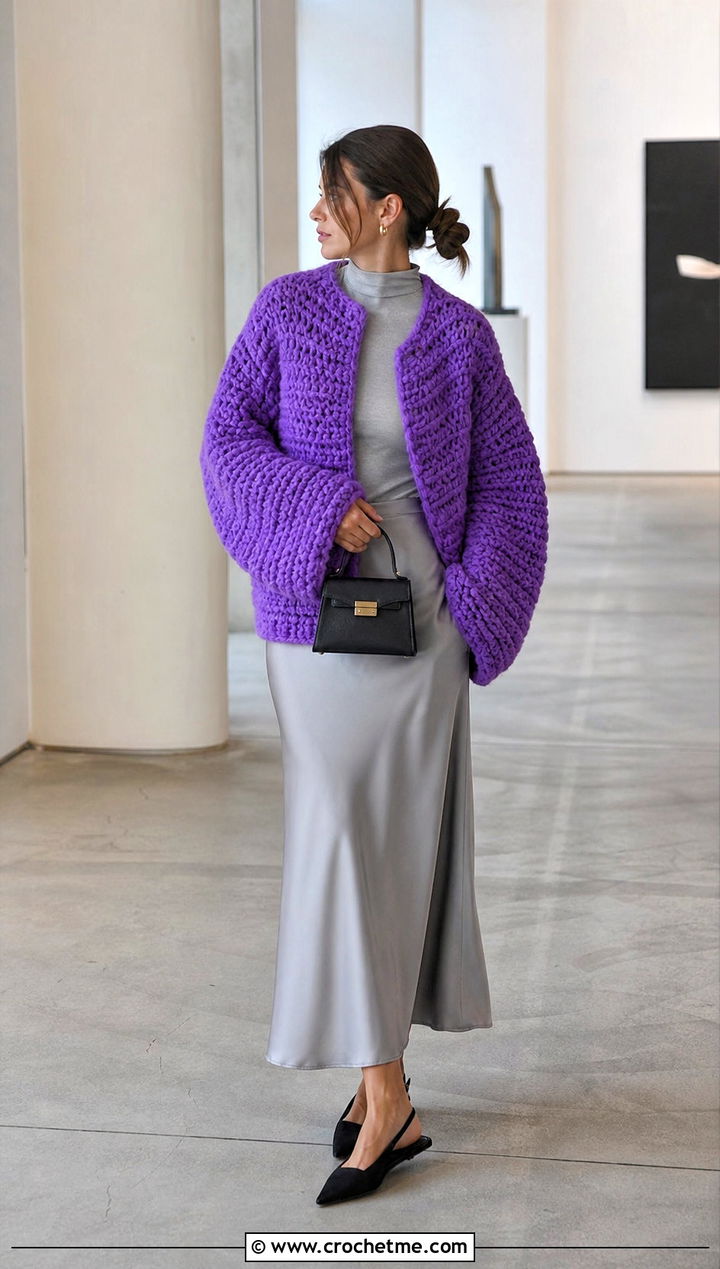 Oversized Chunky Crochet Raglan Jacket With Satin Slip Skirt - 15 crochet raglan jacket outfit ideas