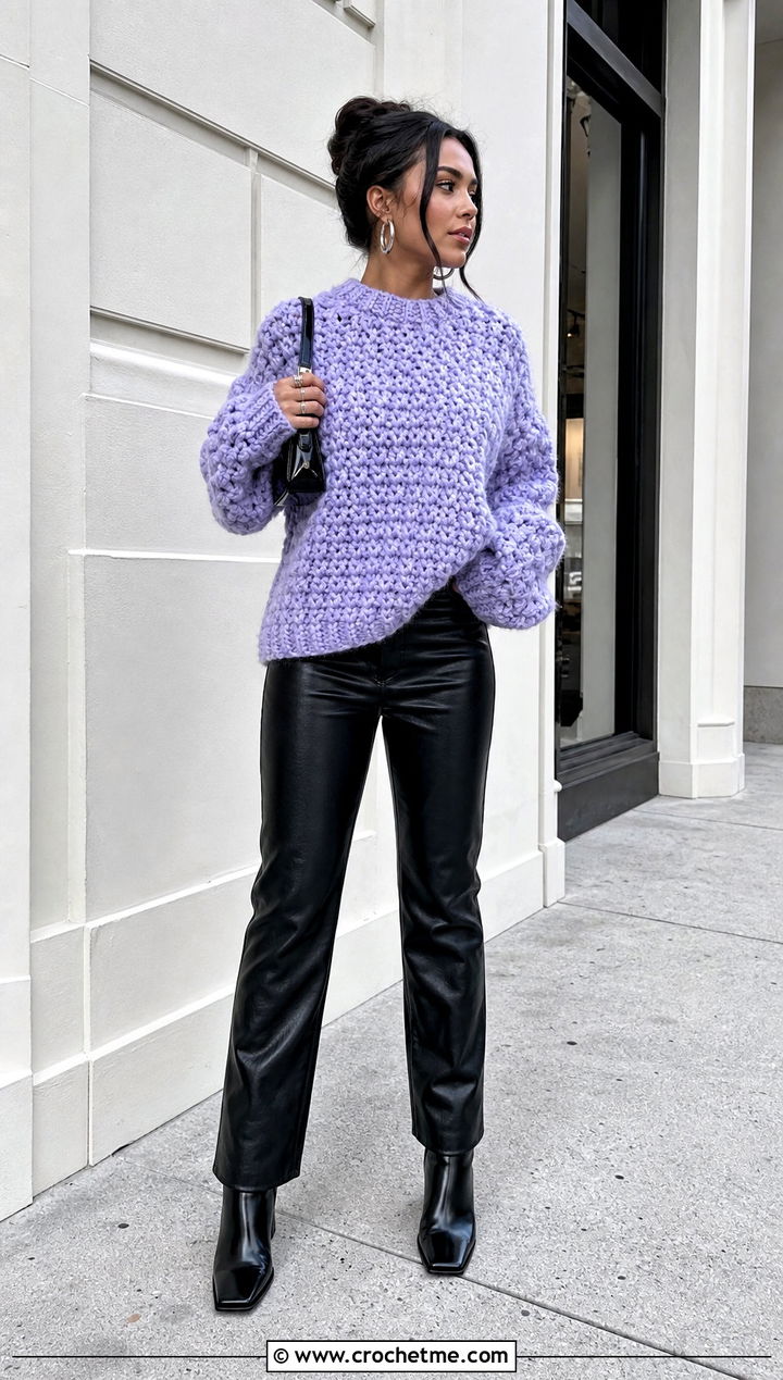 Oversized Chunky Crochet Sweater With Leather Pants - 25 y2k crochet sweater outfit ideas
