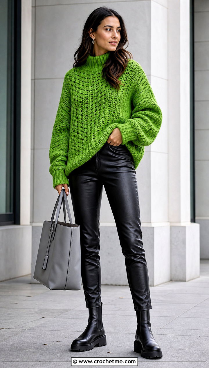 Oversized Chunky Crochet Sweater With Leather Pants - 25 handmade crochet sweater outfit ideas