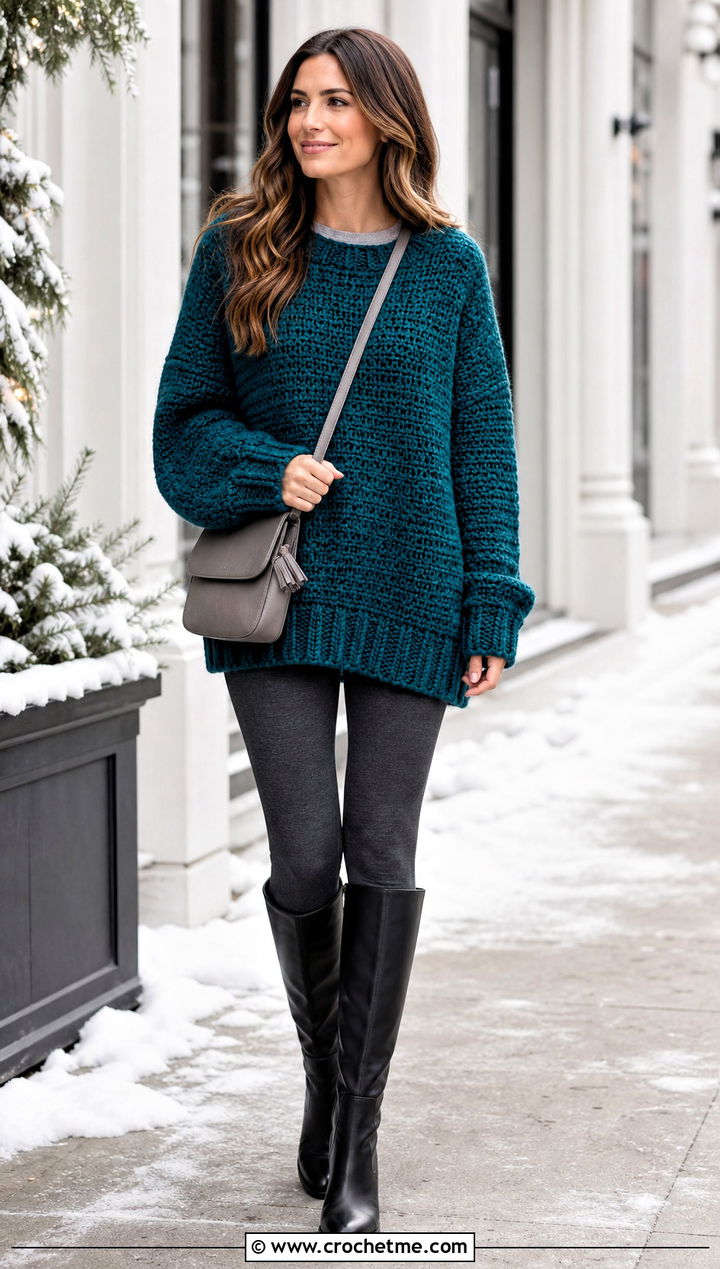 Oversized Chunky Crochet Sweater With Leggings - 20 Easy Crochet Sweater For Women outfit ideas