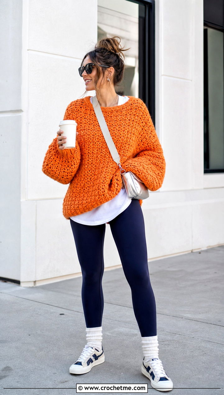 Oversized Chunky Crochet Sweater With Leggings - 15 Crochet Sweater Aesthetic outfit ideas