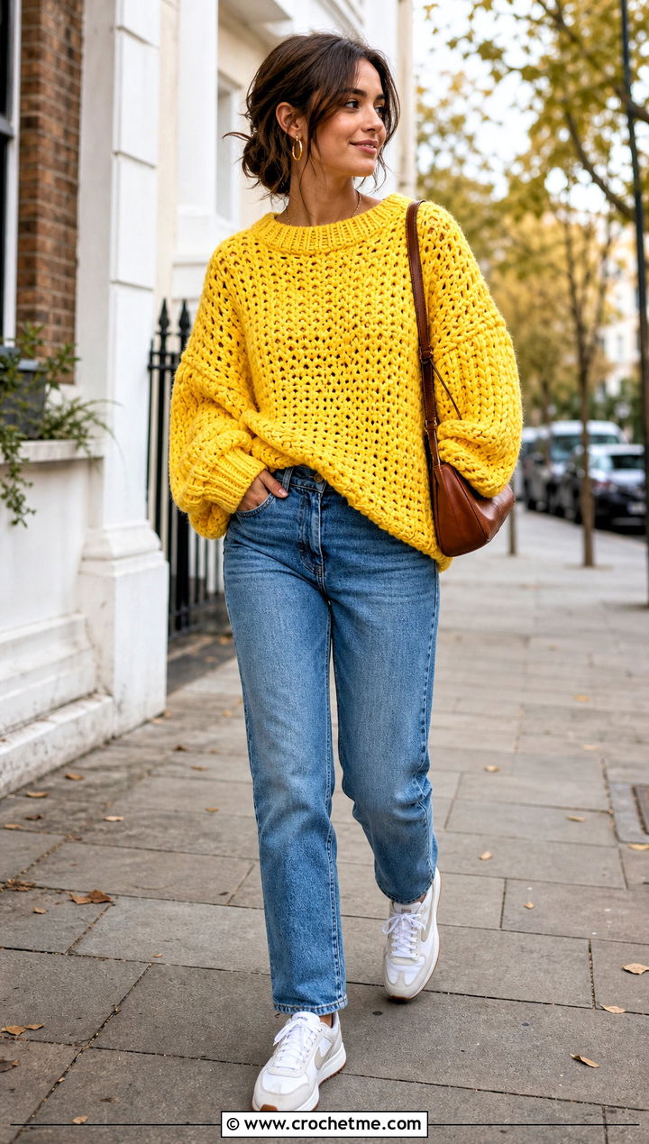 Oversized Chunky Crochet Sweater With Straight Leg Jeans - 15 Crochet Comfy Sweater outfit ideas