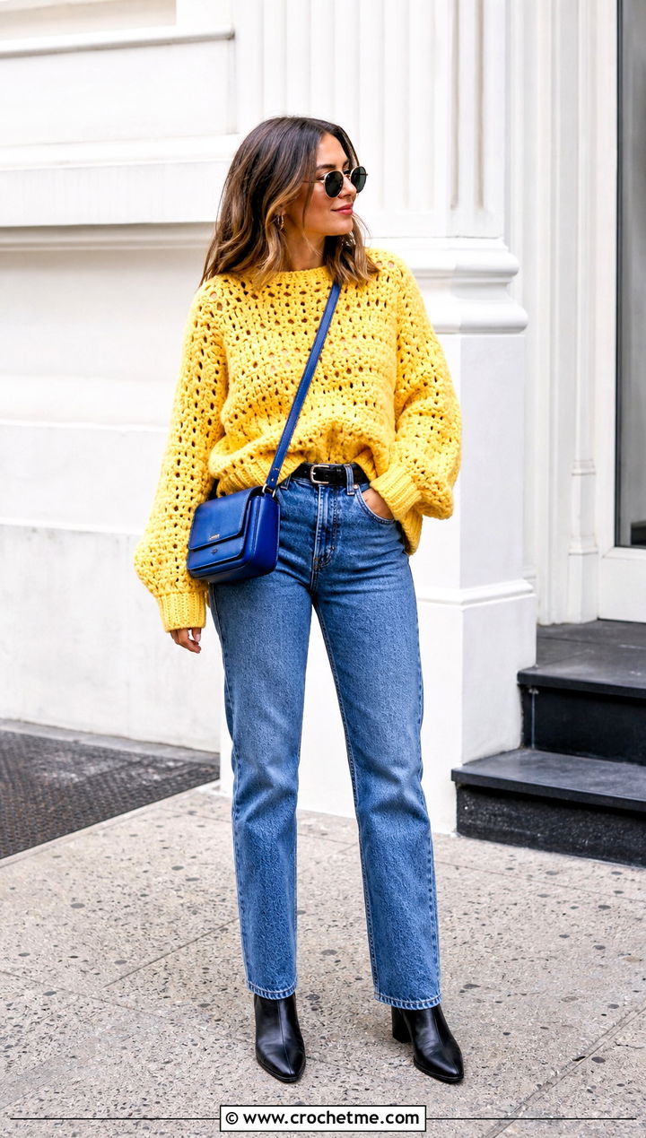 Oversized Chunky Crochet Sweater With Straight Leg Jeans - 25 Chunky Crochet Sweaters outfit ideas