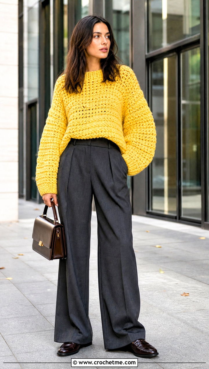 Oversized Chunky Crochet Sweater With Tailored Trousers - 20 Autumn Crochet Sweater outfit ideas