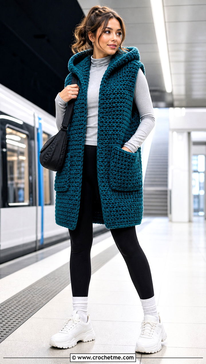 Oversized Chunky Crochet Vest With Hood And Leggings - 30 crochet vest with hood outfit ideas