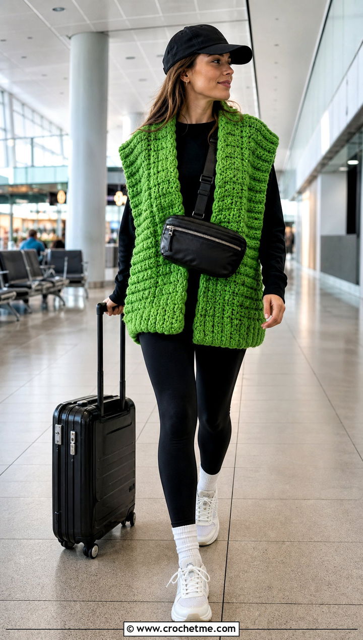 Oversized Chunky Crochet Vest With Leggings And Sneakers - 15 modern crochet vest outfit ideas