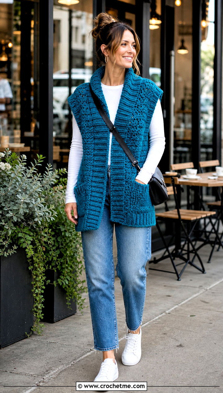 Oversized Chunky Crochet Vest With Straight Jeans - 20 Chunky Yarn Crochet Vest outfit ideas