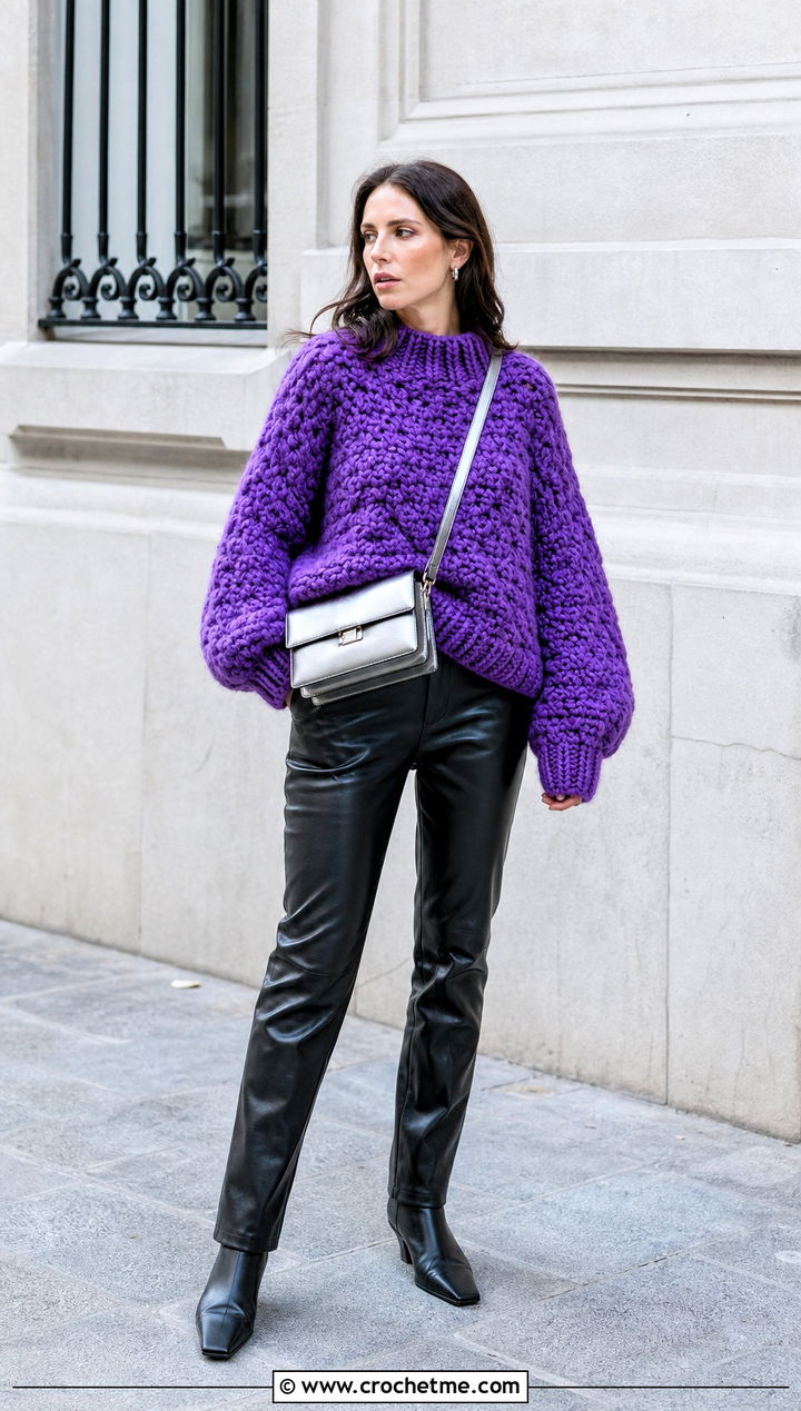 Oversized Chunky Designer Crochet Sweater With Leather Pants - 15 Designer Crochet Sweater outfit ideas