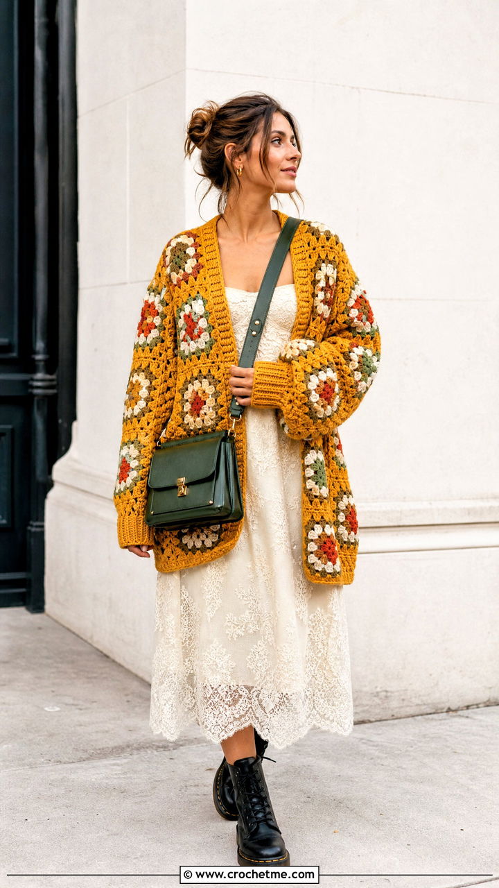 Oversized Chunky Granny Square Cardigan With Lace Midi Dress - 35 Chunky Granny Square Cardigan outfit ideas
