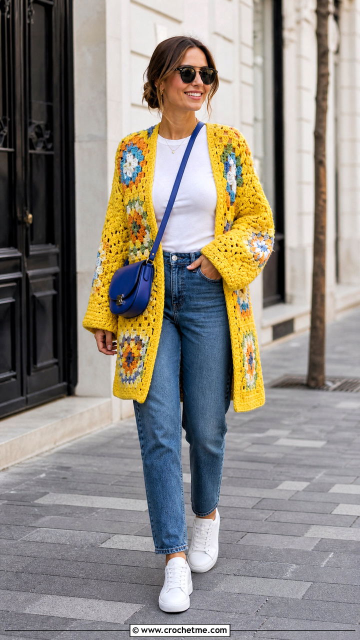 Oversized Chunky Granny Square Cardigan With Straight Leg Jeans - 35 Chunky Granny Square Cardigan outfit ideas