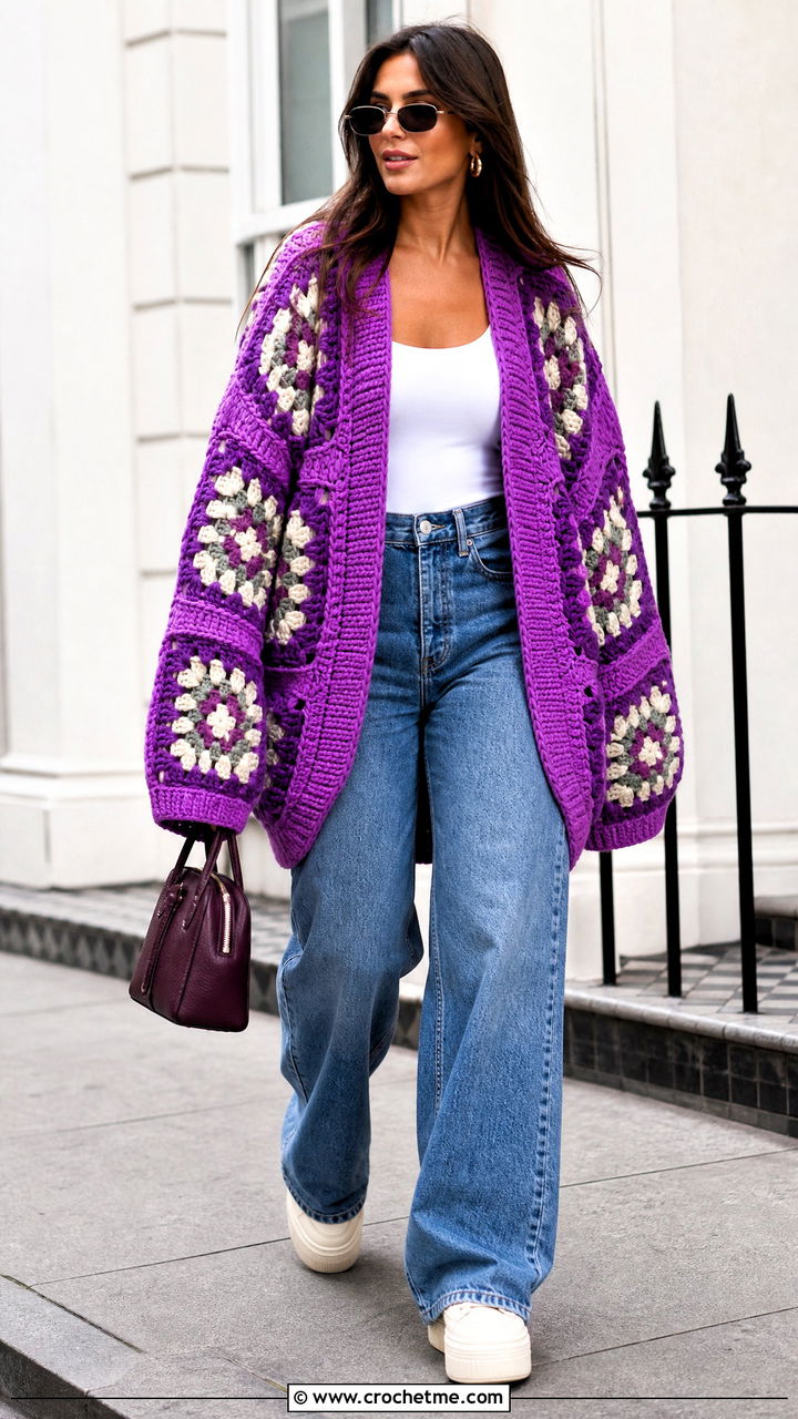 Oversized Chunky Granny Square Cardigan With Wide Leg Jeans - 35 Chunky Granny Square Cardigan outfit ideas