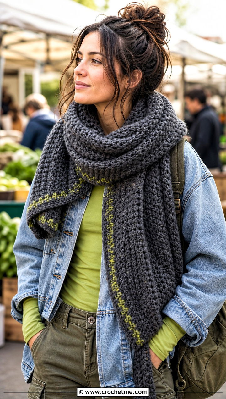 Oversized Chunky Gray Crochet Blanket Scarf With Denim Jacket And Cargos - 15 Chunky Gray Crochet Scarf outfit ideas
