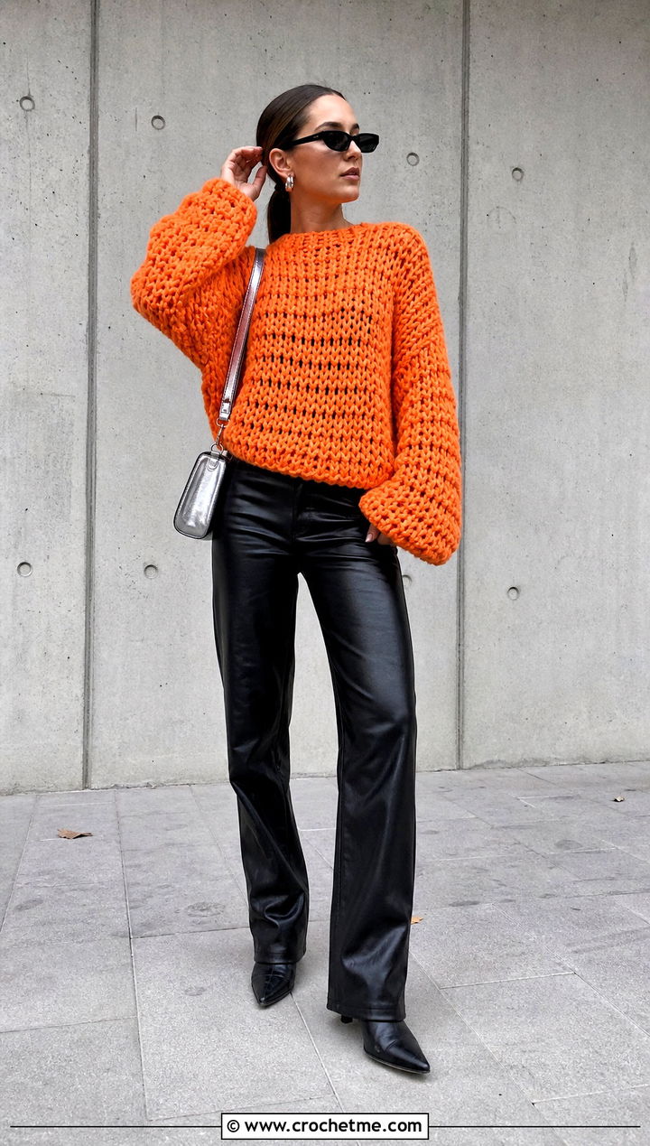 Oversized Chunky Orange Crochet Sweater With Leather Pants - 15 orange crochet sweater design outfit ideas