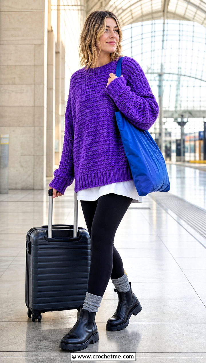 Oversized Chunky Round Neck Crochet Sweater With Leggings - 15 crochet round sweater outfit ideas