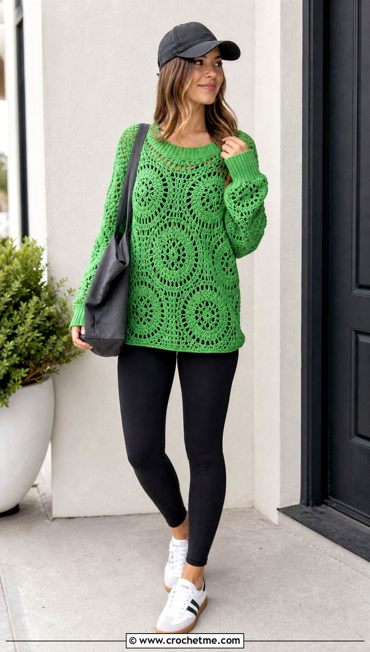 Oversized Circle Crochet Sweater With Leggings - 25 Circle Crochet Sweater outfit ideas