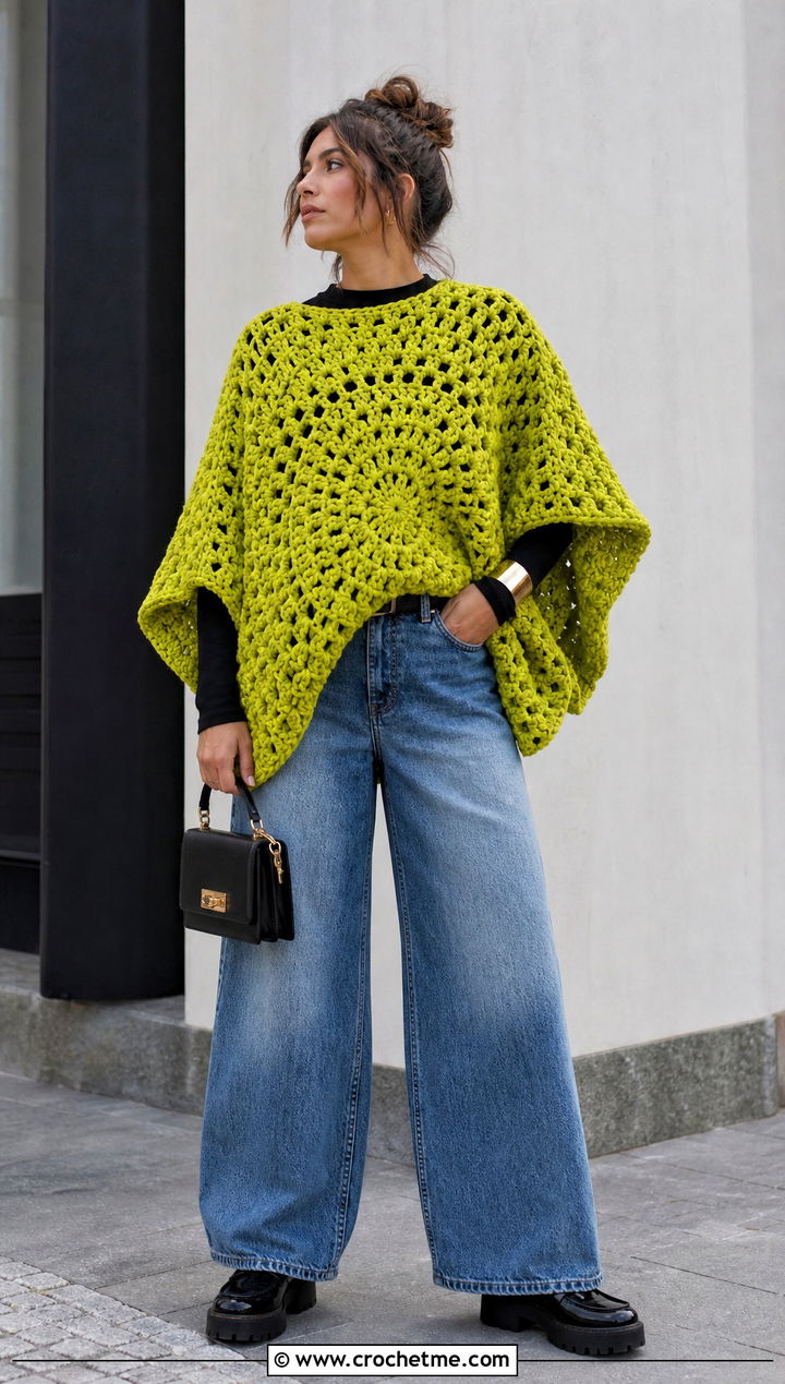 Oversized Circular Poncho With Wide Leg Jeans - 25 Crochet Circular Poncho outfit ideas