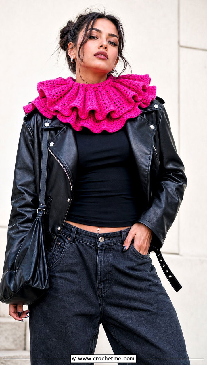 Oversized Clown Crochet Ruffle Collar With Leather Jacket - 25 Clown Crochet Ruffle Collar outfit ideas
