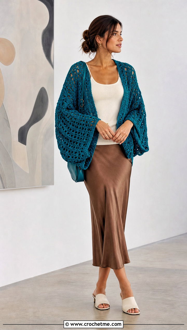 Oversized Cocoon Bolero With Bias Cut Skirt - 35 crocheted bolero outfit ideas