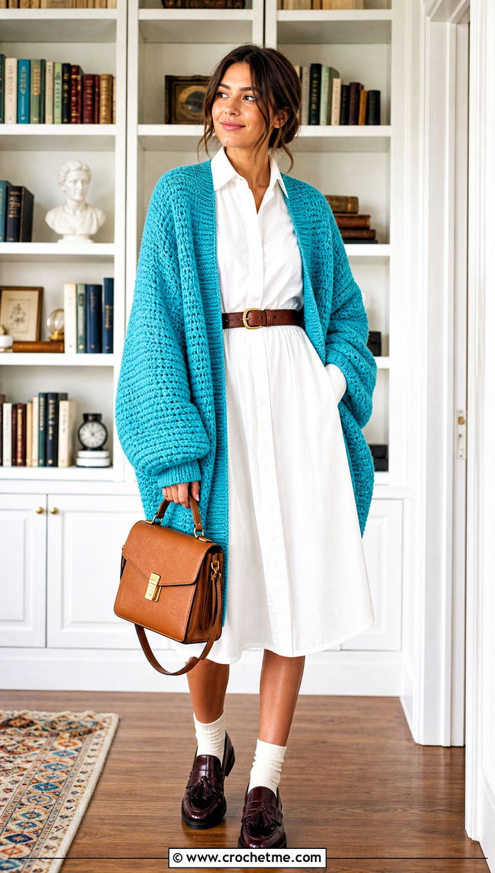 Oversized Cocoon Crochet Cardigan With Shirt Dress - 25 Cocoon Crochet Cardigan outfit ideas