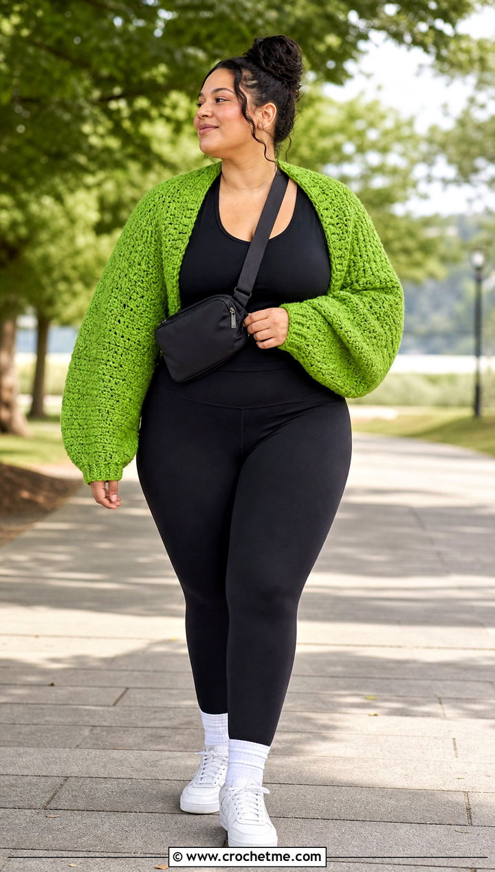Oversized Cocoon Crochet Shrug With Leggings And Sneakers - 15 Long Sleeved Crochet Shrug outfit ideas