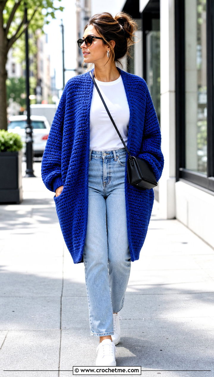 Oversized Cocoon Rectangle Cardigan With Straight Jeans - 15 Crochet Rectangle Cardigan outfit ideas