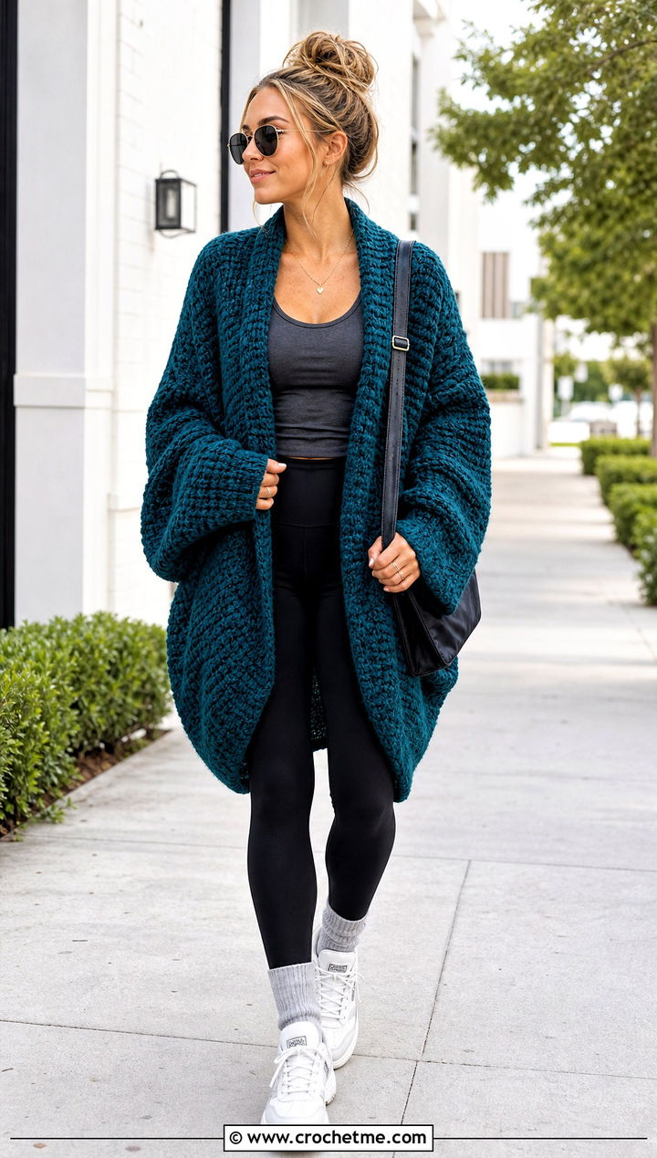 Oversized Cocoon Shawl Crochet Cardigan With Leggings - 25 Shawl Crochet Cardigan outfit ideas
