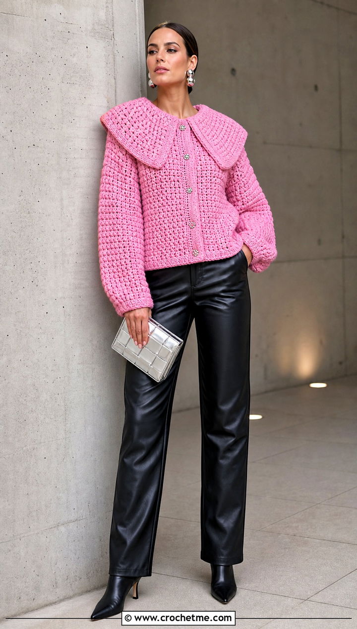 Oversized Collar Crochet Cardigan With Leather Pants - 15 Crochet Cardigan With Collar outfit ideas