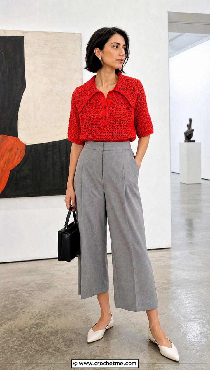 Oversized Collar Crochet Polo Shirt With Culottes - 25 women crochet polo shirt outfit ideas