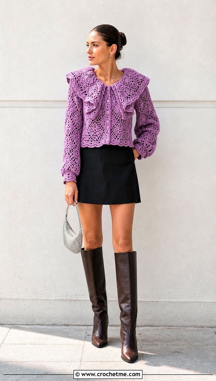 Oversized Collar Crochet Top With Mini Skirt - 25 Crochet Collar Top outfit ideas