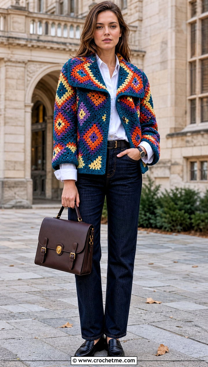 Oversized Collar Howls Crochet Jacket With Button Down Shirt - 25 Howl's Crochet Jacket outfit ideas