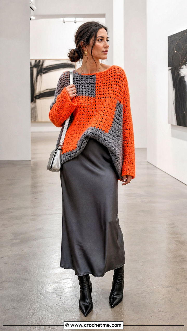 Oversized Color Block Crochet Sweater With Satin Slip Skirt - 15 Orange And Gray Crochet Sweater outfit ideas