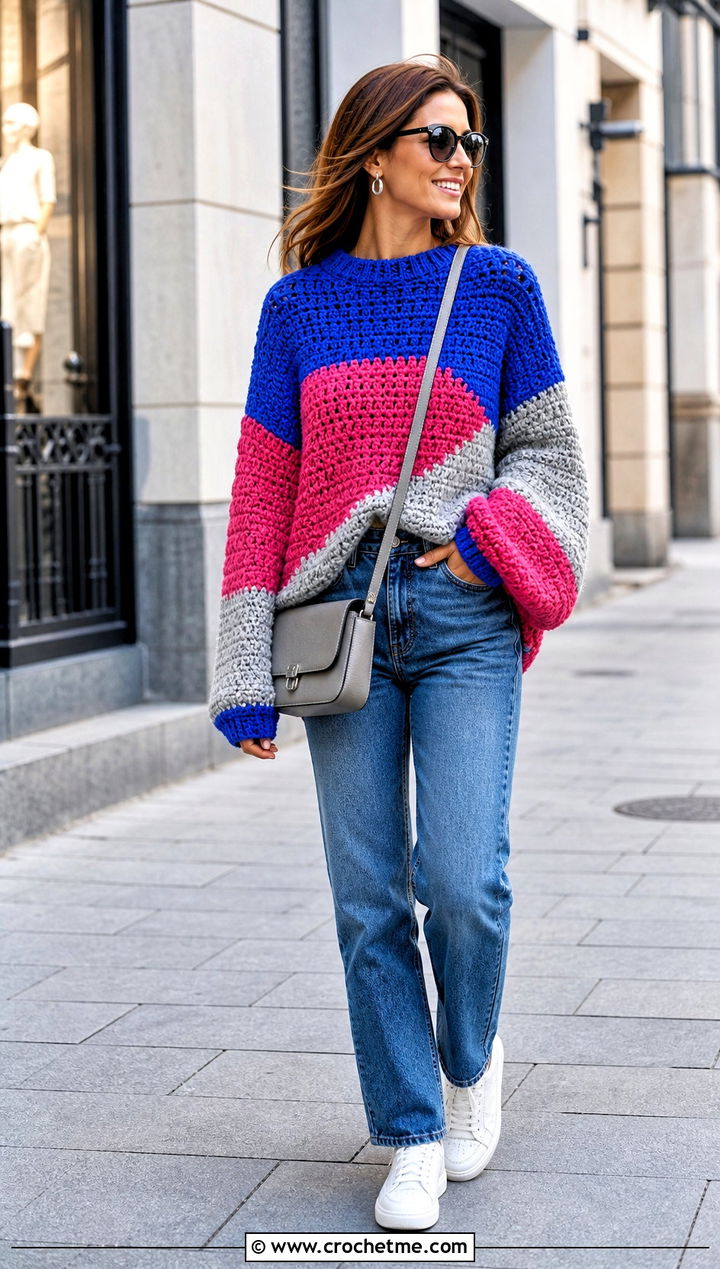 Oversized Color Block Crochet Sweater With Straight Leg Jeans - 25 Color Block Crochet Sweater outfit ideas