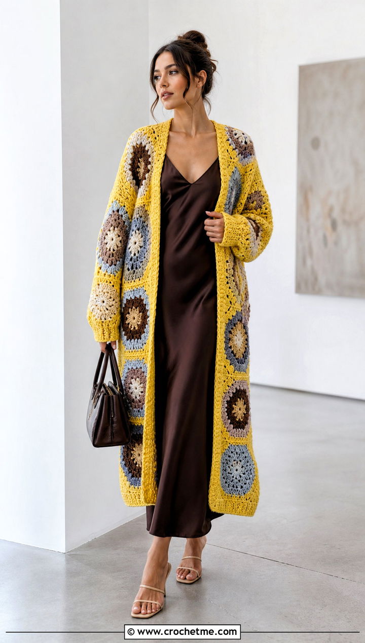 Oversized Color Block Hex Crochet Cardigan With Slip Dress - 35 hex crochet cardigan outfit ideas
