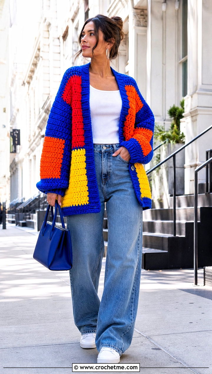 Oversized Color Block Patchwork Crochet Cardigan With Wide Leg Jeans - 15 harry styles patchwork crochet cardigan outfit ideas