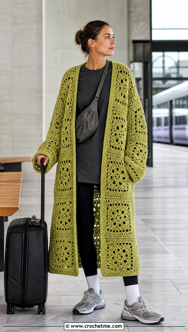 Oversized Continuous Granny Square Cardigan With Leggings - 25 continuous granny square cardigan outfit ideas