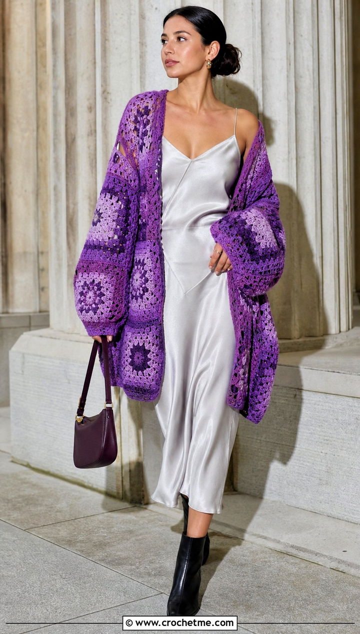 Oversized Cotton Granny Square Cardigan With Slip Dress - 25 cotton granny square cardigan outfit ideas