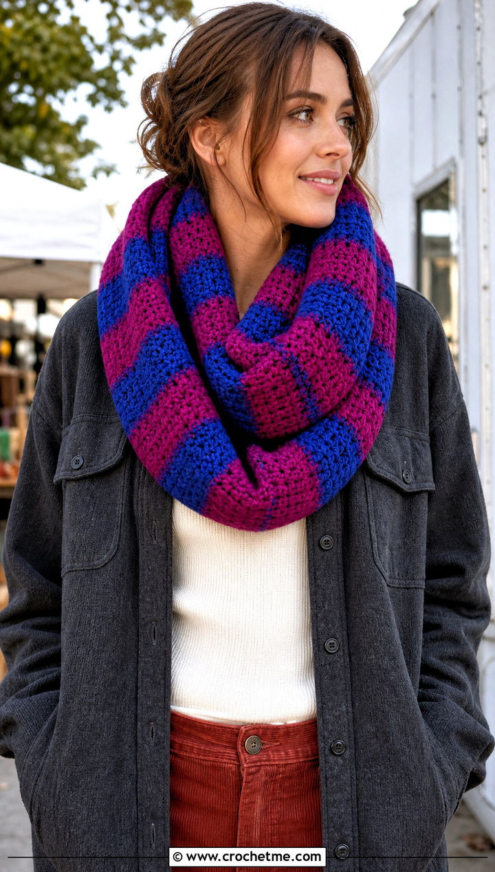 Oversized Cowl Striped Crochet Infinity Scarf With Shacket - 15 Striped Crochet Infinity Scarf outfit ideas