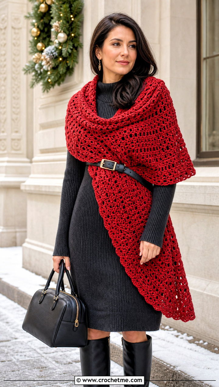 Oversized Crescent Crochet Shawl With Sweater Dress - 25 Crescent Crochet Shawl outfit ideas