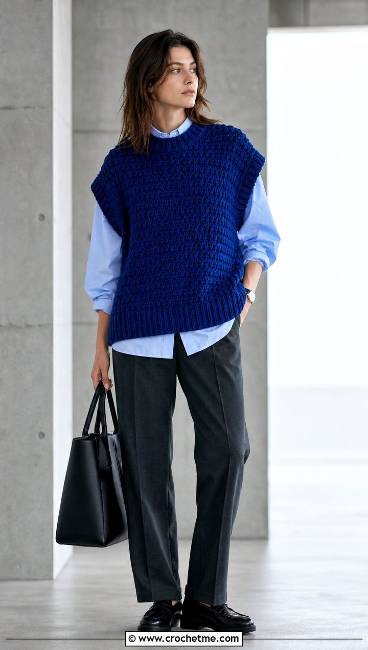 Oversized Crew Neck Chunky Crochet Vest With Tailored Trousers - 30 crochet chunky vest outfit ideas