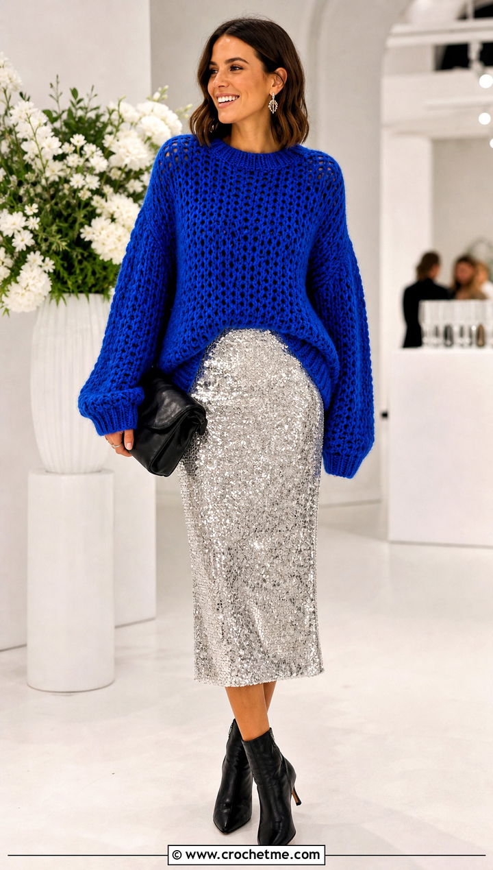 Oversized Crew Neck Crochet Sweater With Sequin Skirt - 25 slouchy crochet sweater outfit ideas