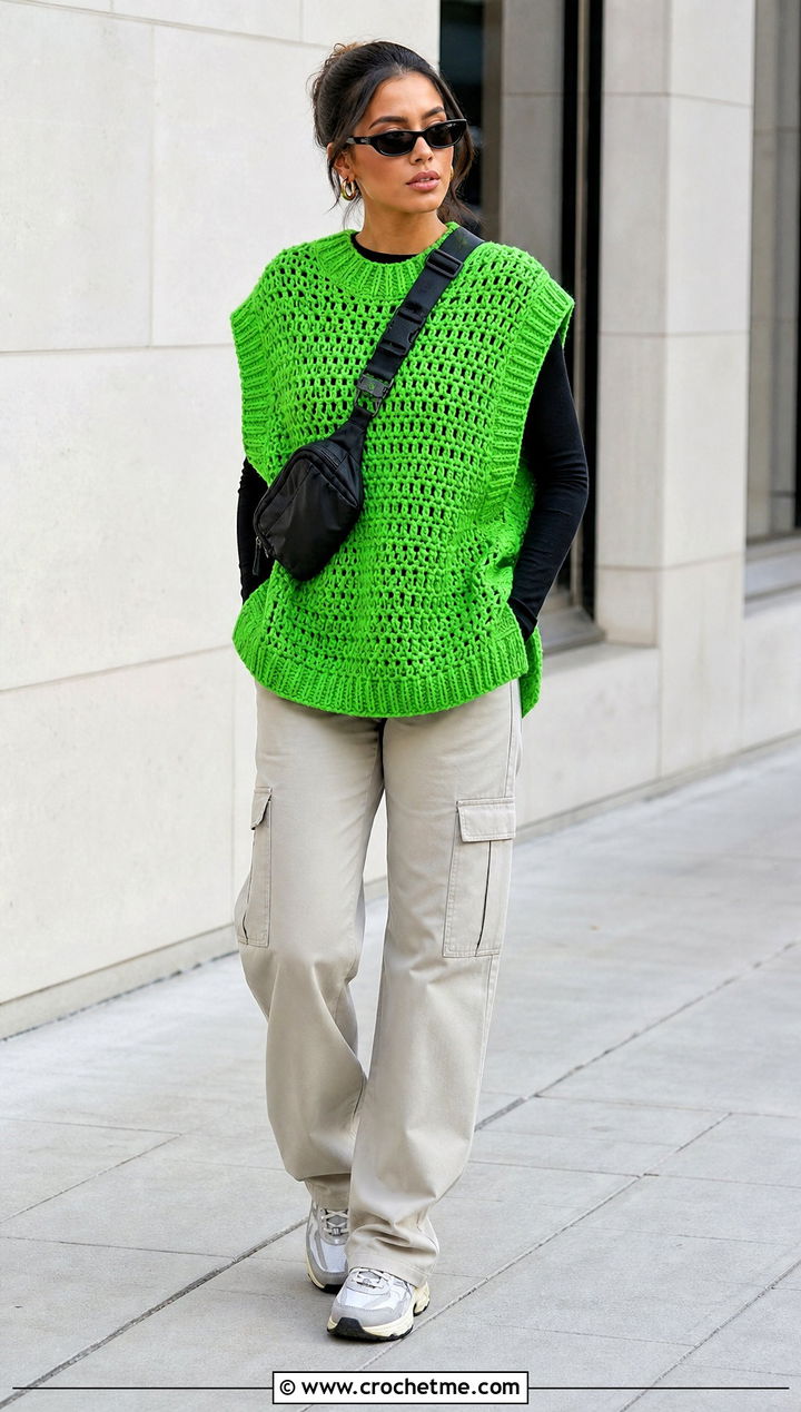 Oversized Crew Neck Crochet Vest With Cargo Pants - 30 oversize crochet vest outfit ideas