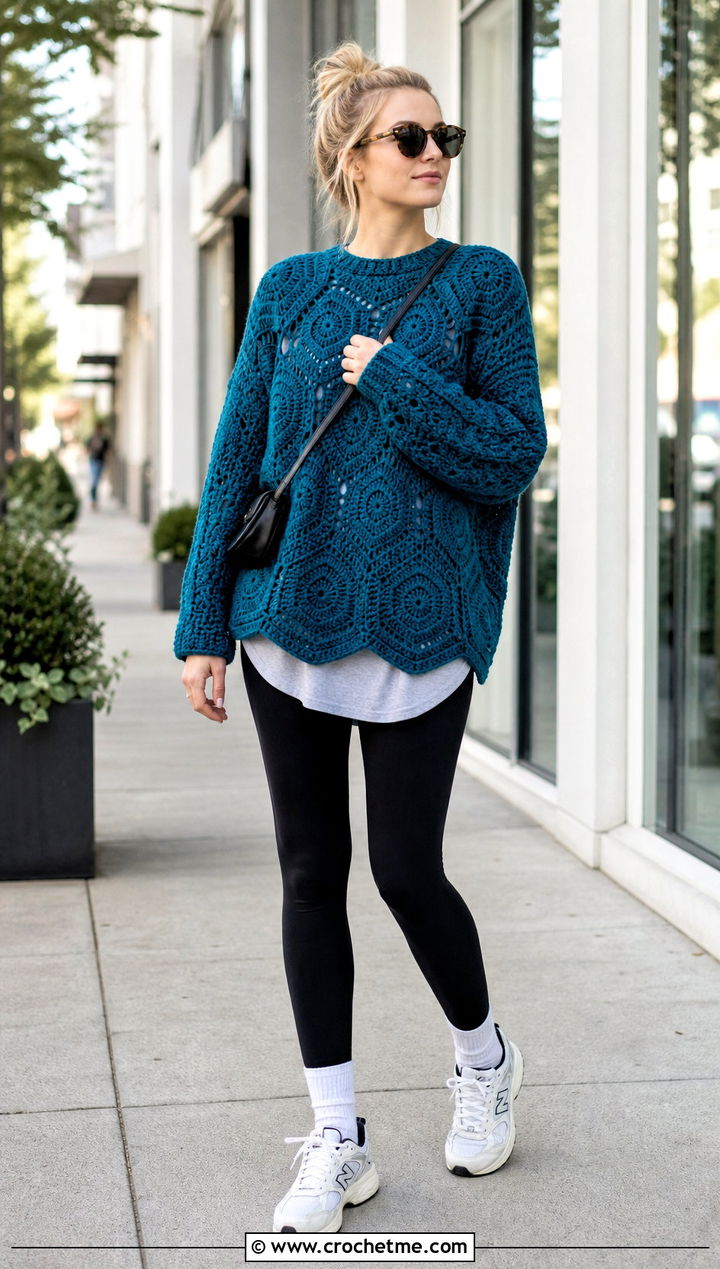Oversized Crew Neck Hexagon Granny Square Pullover With Leggings - 25 Hexagon Granny Square Pullover outfit ideas