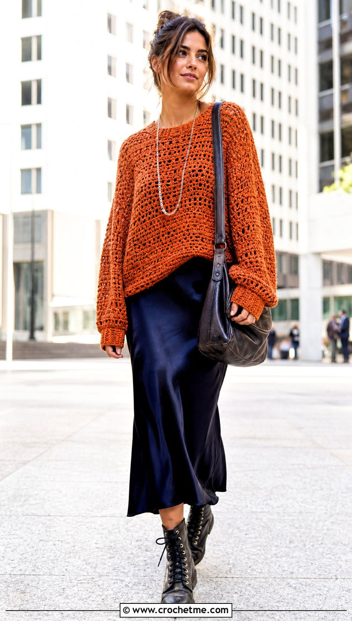 Oversized Crewneck Crochet Grunge Sweater With Slip Skirt - 30 crochet grunge sweater outfit ideas