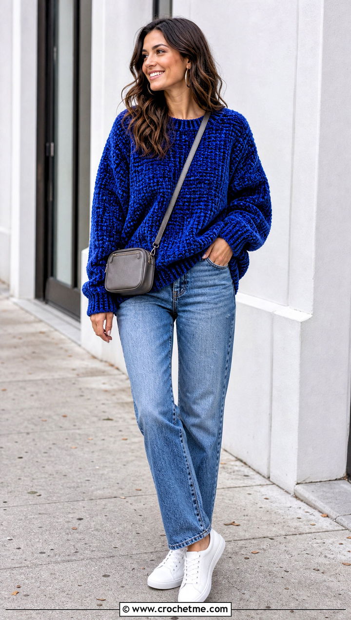 Oversized Crewneck Crochet Velvet Sweater With Straight Jeans - 20 Crochet Velvet Sweater outfit ideas