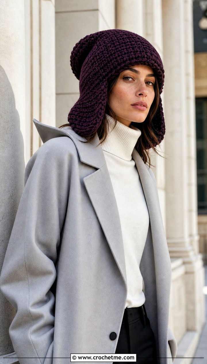 Oversized Crochet Aviator Hat With Minimalist Coat - 30 crochet aviator hat outfit ideas