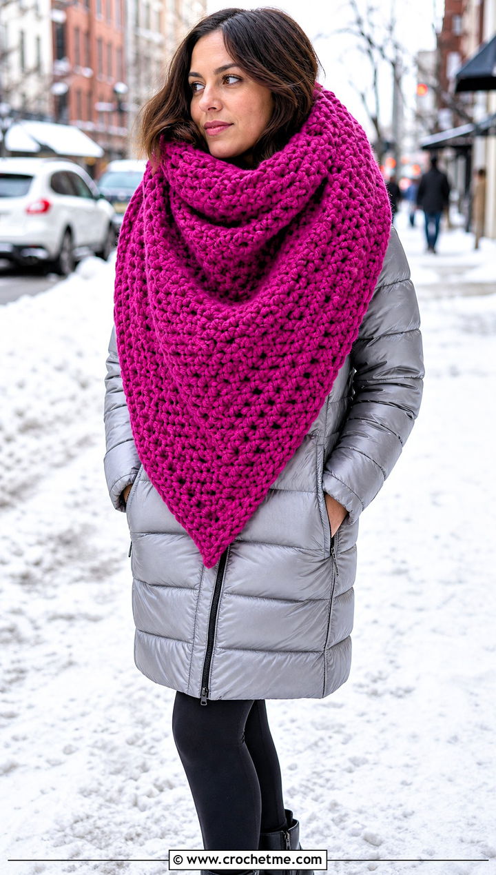 Oversized Crochet Bandana Cowl With Puffer Coat - 30 crochet bandana cowl outfit ideas