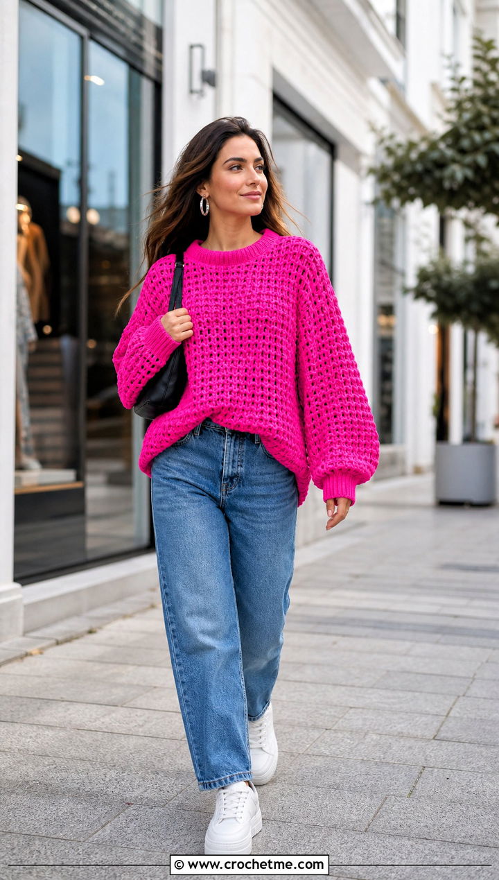 Oversized Crochet Barbie Sweater With Straight Leg Jeans - 25 crochet barbie sweater outfit ideas