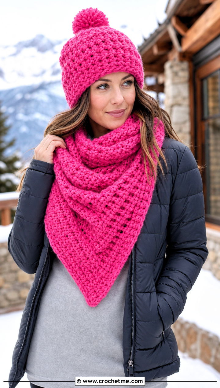 Oversized Crochet Beanie And Blanket Scarf Set With Leggings - 30 crochet beanie and scarf set outfit ideas